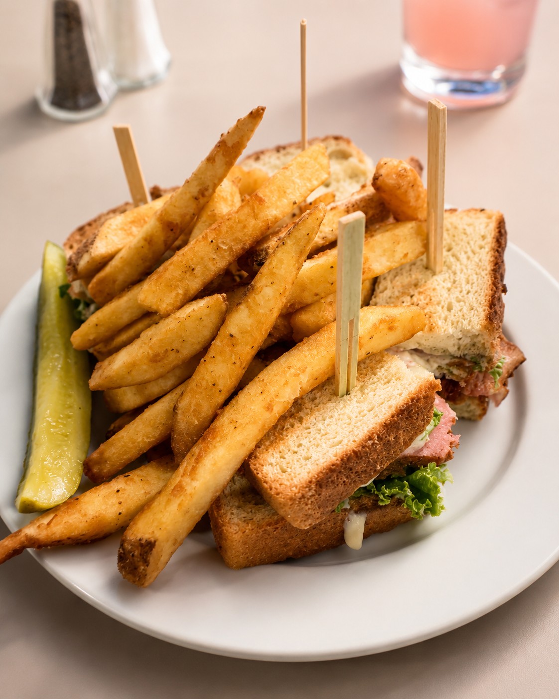 The Club sandwich with hand-cut fries and a pickle spear at 1919