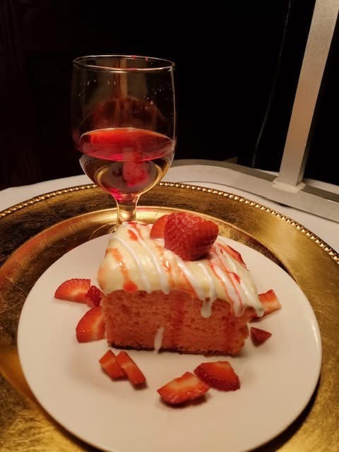 Strawberry shortcake with a glass of dessert wine at 1919